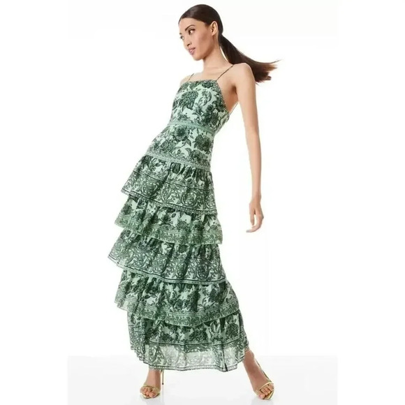 NWT Alice + Olivia Valencia Floral Sage Green Tiered Maxi Dress Size 2 - Picture 4 of 16